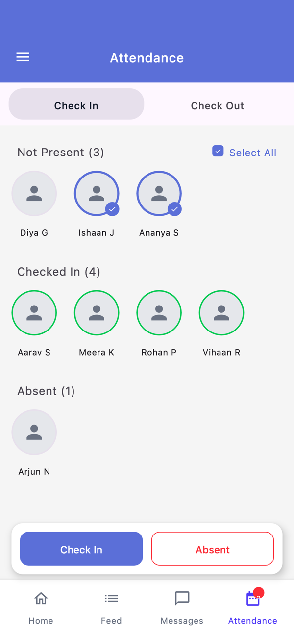 Staff app — classroom check-in and check-out
